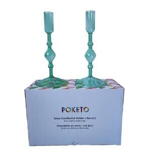 POKETO Green Handmade Glass Taper Candlestick Holder Set Of 2 New in Box